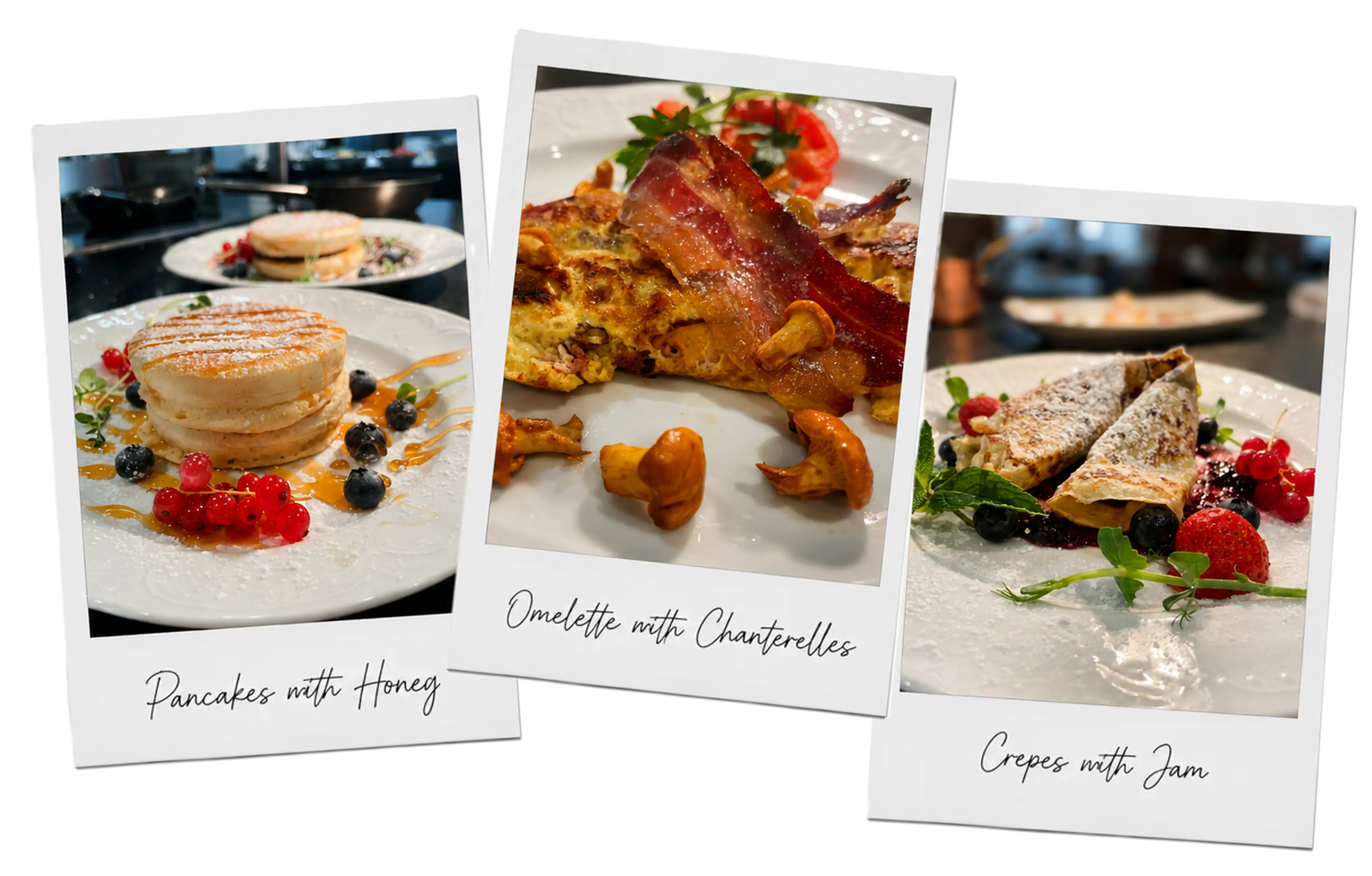 A selection of gourmet breakfast dishes at the Hotel Alpenhof Garni Suprême, displayed on three polaroid-style photos: pancakes with berries, an omelette with bacon and mushrooms, and crêpes with jam