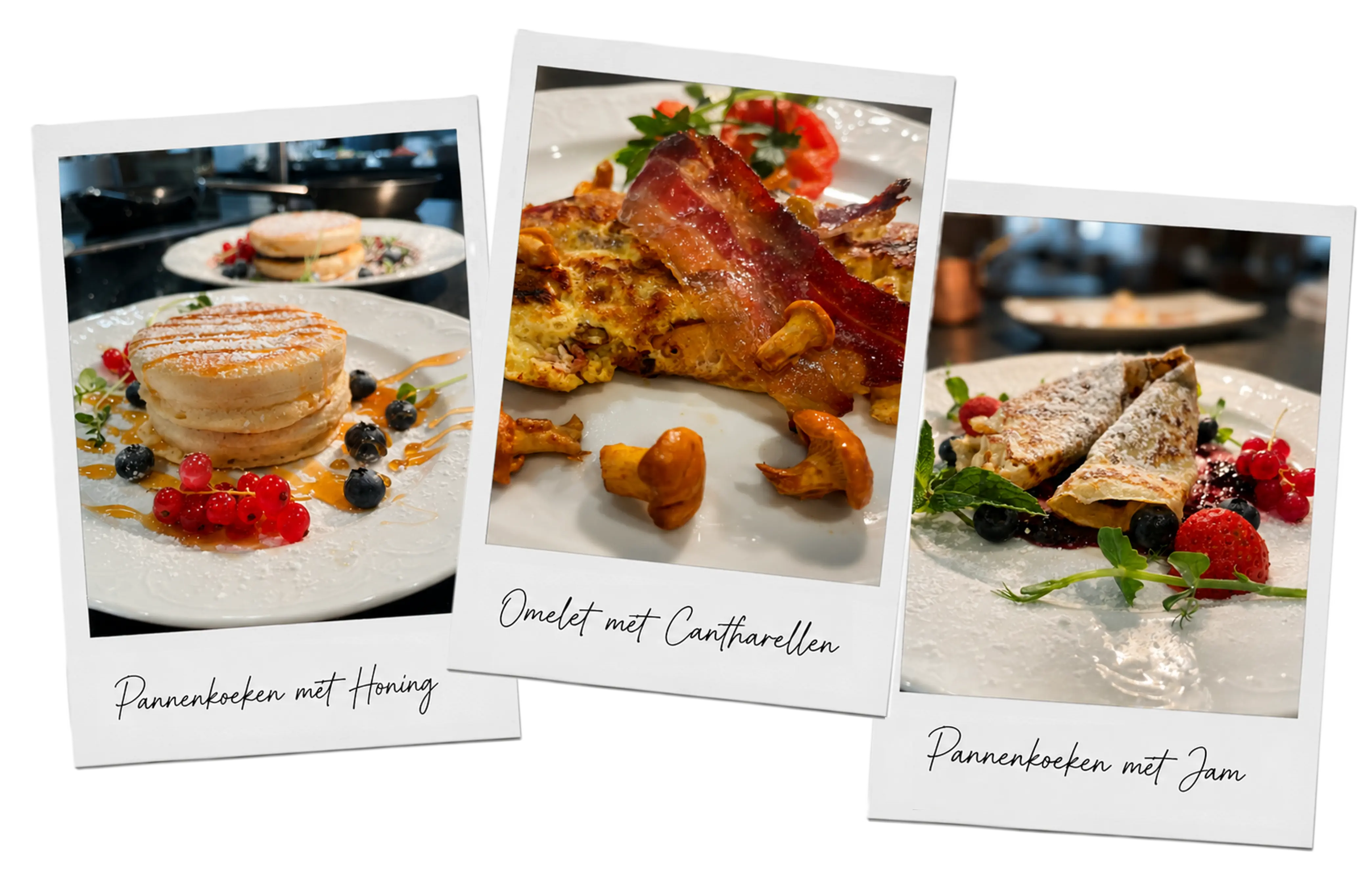 Een selectie gastronomische ontbijtgerechten in Hotel Alpenhof Garni Suprême, getoond op drie polaroid-foto's: pannenkoeken met bessen, een omelet met spek en champignons, en crêpes met jam