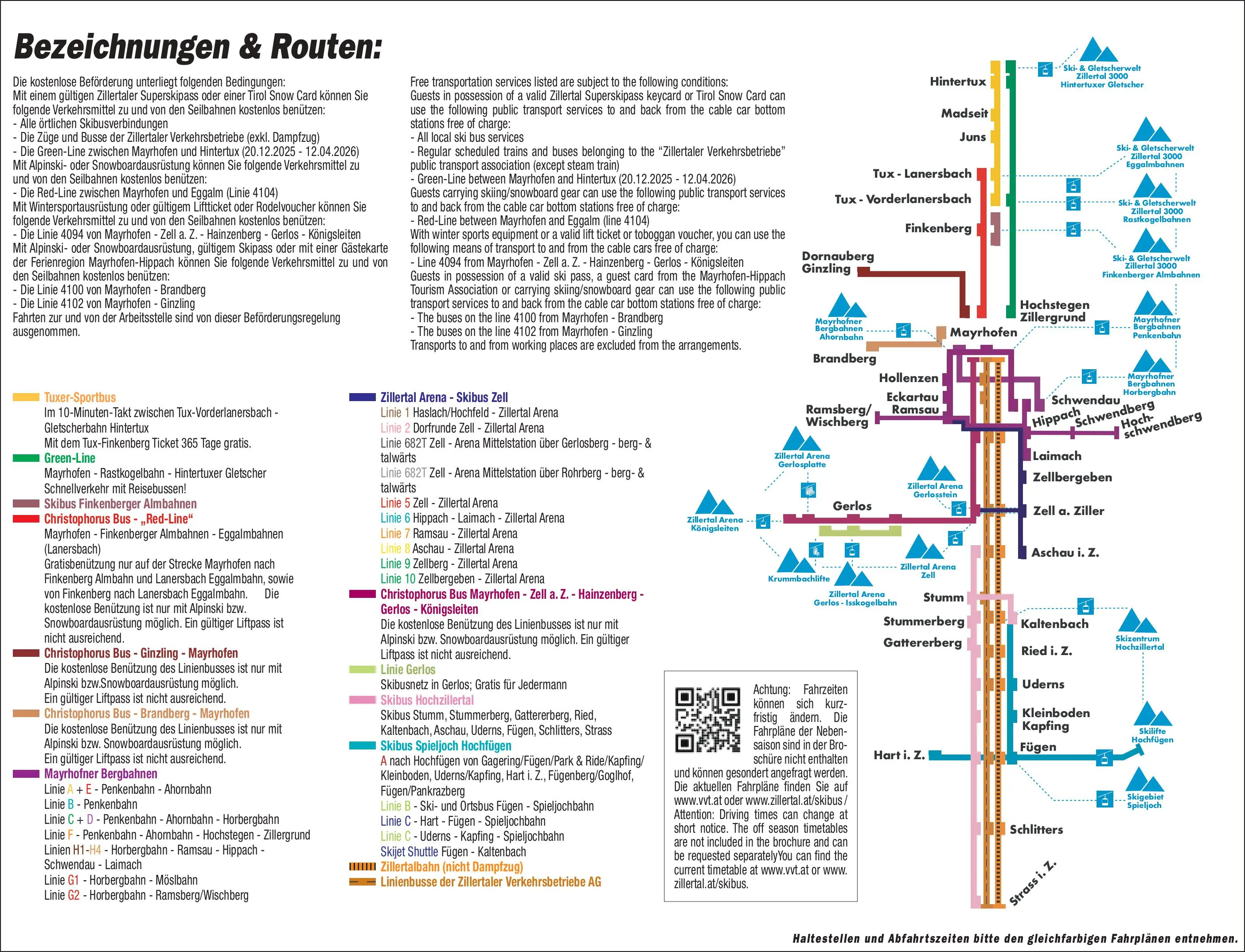 Overzicht van de skibusverbindingen in het Zillertal naar skigebieden en bergbanen
