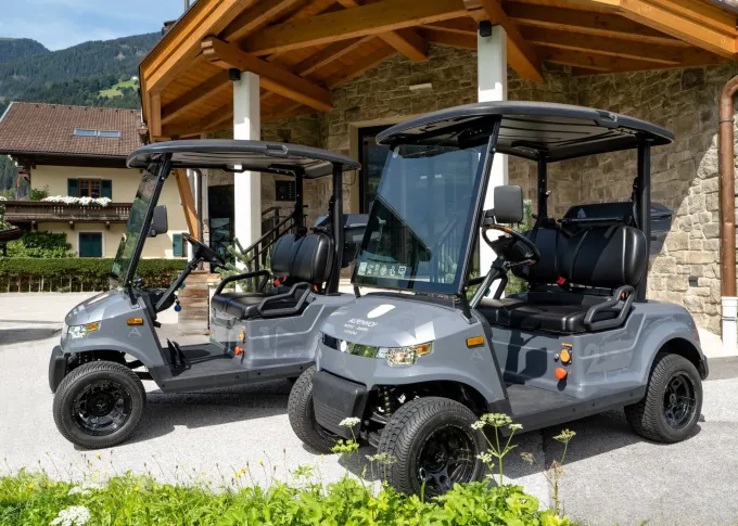 Club cars in front of the hotel entrance